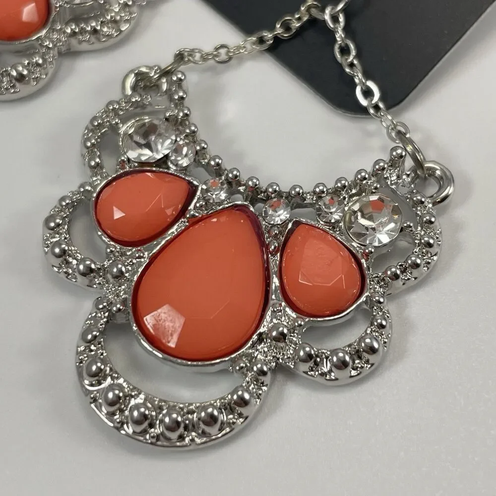 Silver Tone Orange White Rhinestone Statement Bold Dangle Earrings Hook Setting